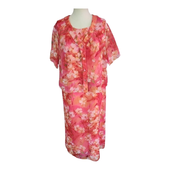 Olivia Matthews Floral 2-Piece Dress Set – Size 14P, Pink Sheer Overlay, Elegant - Picture 1 of 14